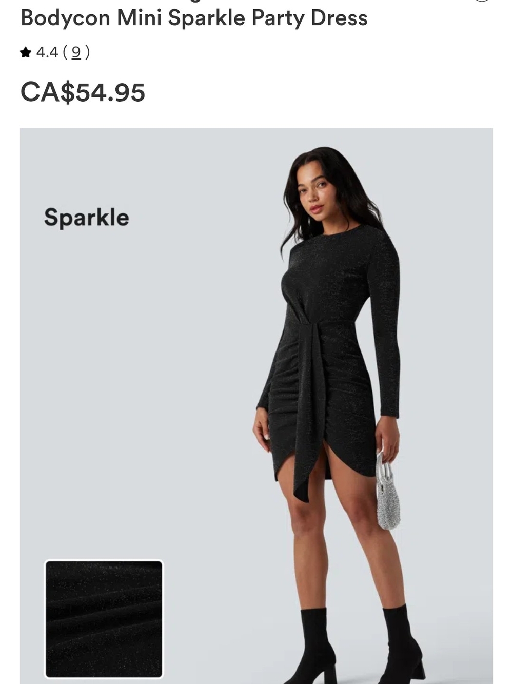 HALARA Black Sparkle Long Sleeve Bodycon Mini Dress with Front Tie